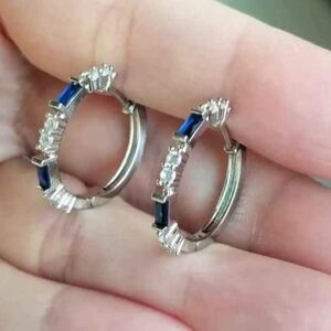 New 925 Silver Blue Sapphire Diamond Hoop Earrings for Women